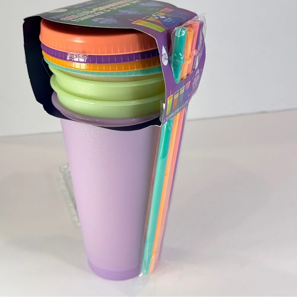 🆕 TAL 4pc Color Changing 24oz Glitter Tumbler Set w/ Straws